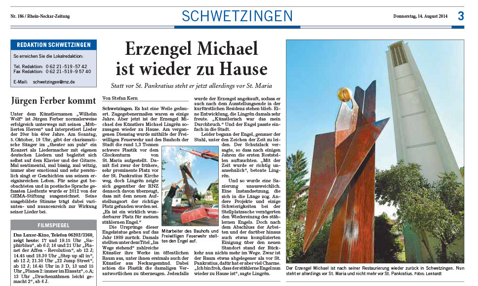 RNZ Schwetzinger Zeitung 13August2014 Erz-Engel Michael ist wieder zu Hause Ausschnitt